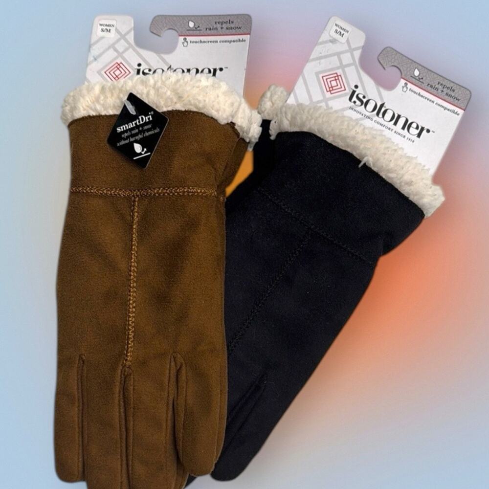 (2) ISOTONER Women’s S/M Brown and Black Faux Suede Gloves